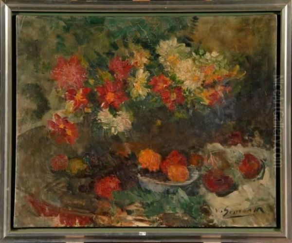 Nature Morte Aux Fleurs Et Aux Fruits Oil Painting by Victor Simonin