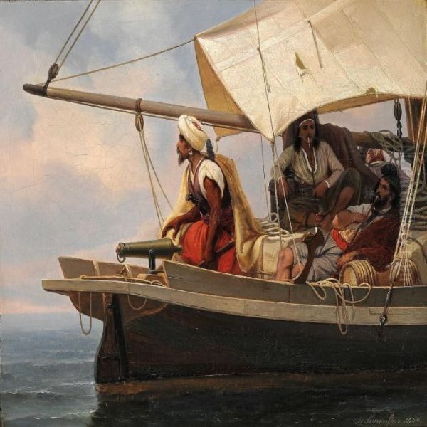 Pirates On The Watch On A Sailing Ship In The Sun Oil Painting by Niels Simonsen