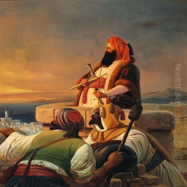 An Arabic Prince And Moorish Fighters In A Castle Turret Getting Ready To Fire A Cannon Oil Painting by Niels Simonsen