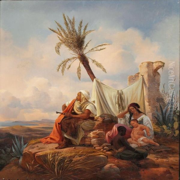 View Of North Africa With Figures Camping On A Hill Oil Painting by Niels Simonsen