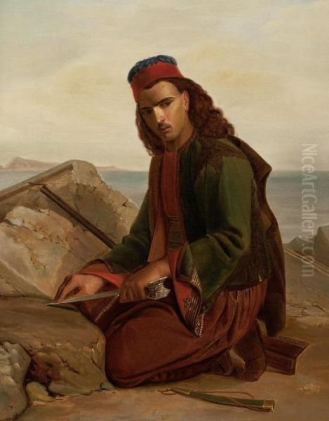 A Greek Soldier Hones His Dagger Oil Painting by Niels Simonsen