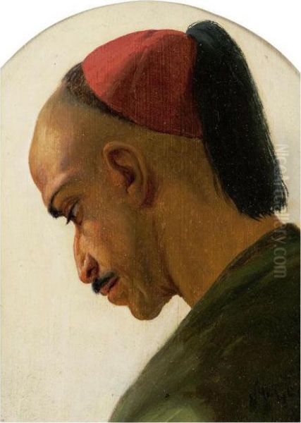 Portrait Of A Turk In A Red Skull Cap Oil Painting by Niels Simonsen