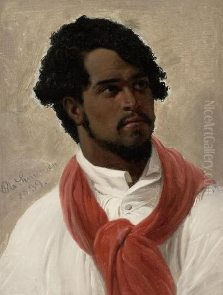 Portrait Of A Turk, Wearing A Red Scarf Oil Painting by Niels Simonsen