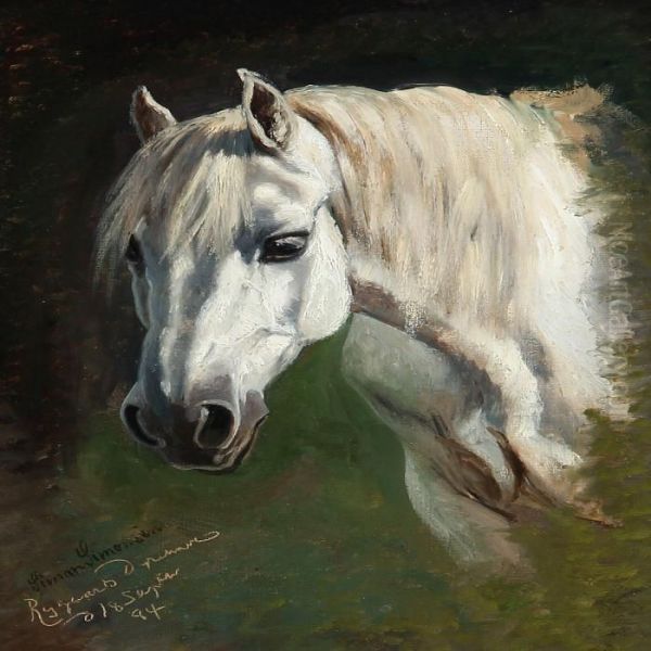 A White Arabian Horse In Dyregaard's Garden Oil Painting by Simon Simonson