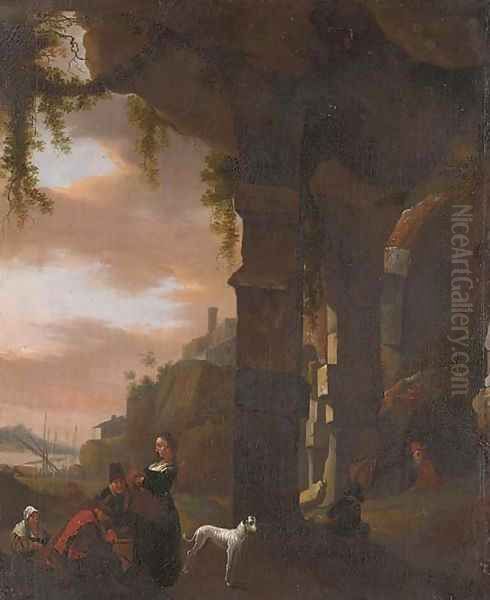 An Italianate landscape with figures by a ruined arch, a harbour beyond Oil Painting by Thomas Wyck