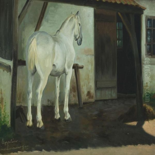 Courtyard With A White Horse Oil Painting by Simon Simonson