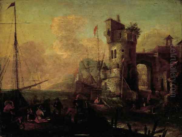 Merchantmen unloading their cargo in an Mediterranean harbour Oil Painting by Thomas Wyck