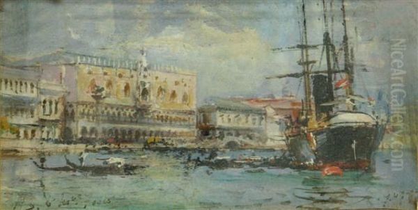 A Sailing Vessel At Anchor Off St. Mark's Square, Venice Oil Painting by Henry Simpson