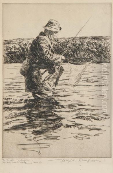 Fisherman Wading In River With Net Oil Painting by Joseph Simpson