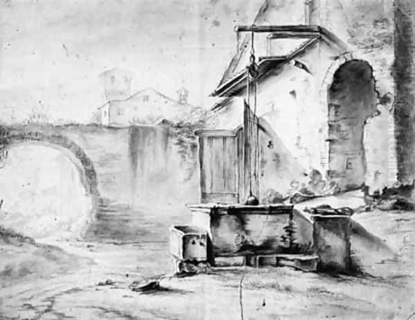 A Well in the Courtyard of an Italian house, a church beyond Oil Painting by Thomas Wyck