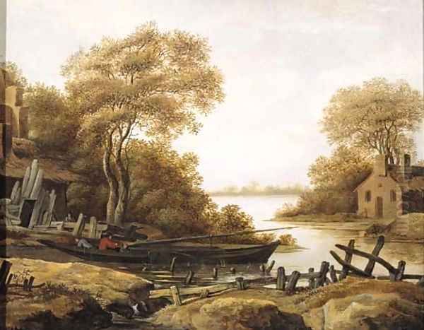 Fishermen in a pink moored by a river bank, in summer Oil Painting by Abraham Van Westerveldt