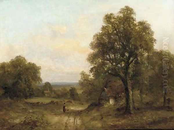 A figure on a track in a wooded landscape Oil Painting by Frederick Waters Watts