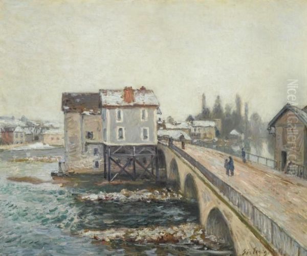 Le Pont De Moret Et Les Moulins - Effet D'hiver Oil Painting by Alfred Sisley