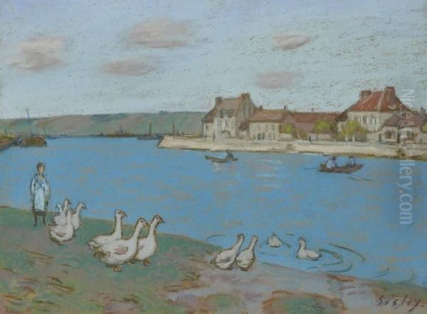 Les Oies Au Bord Du Loing Oil Painting by Alfred Sisley