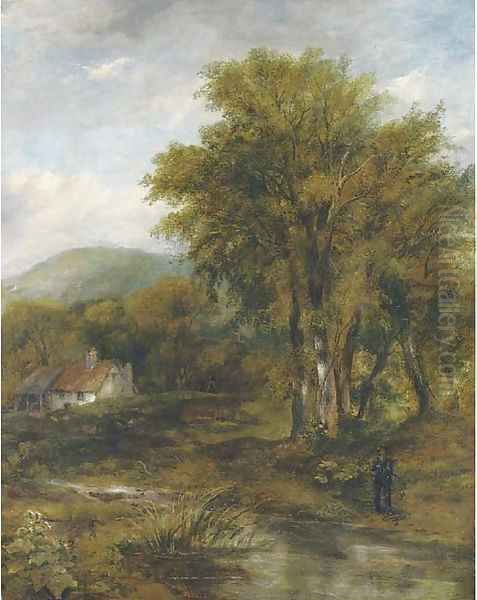 An angler in a wooded river landscape, a cottage beyond Oil Painting by Frederick Waters Watts