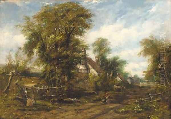 Figures before a cottage on a wooded path Oil Painting by Frederick Waters Watts