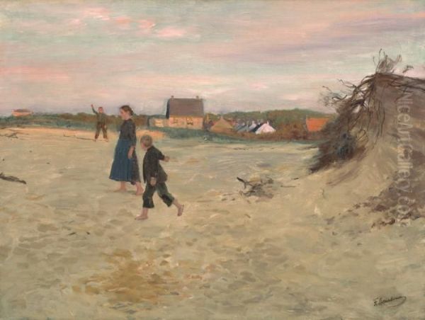 Spielende Kinder Am Nordseestrand Oil Painting by Franz Skarbina