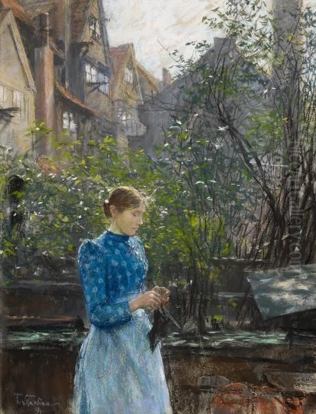 Young Woman In Garden Oil Painting by Franz Skarbina