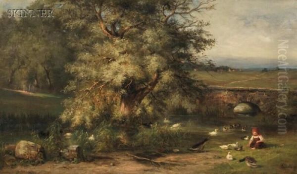 Feeding The Ducks Oil Painting by Ludwig Skell