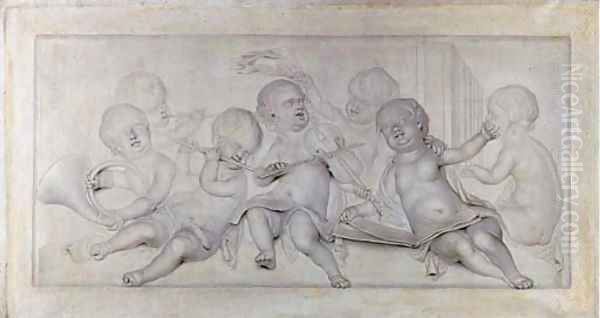 An allegory of Music, with putti singing and playing music, en grisaille an overdoor Oil Painting by Jacob de Wit