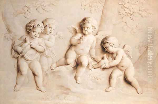 Putti with doves in a landscape - en grisaille Oil Painting by Jacob de Wit