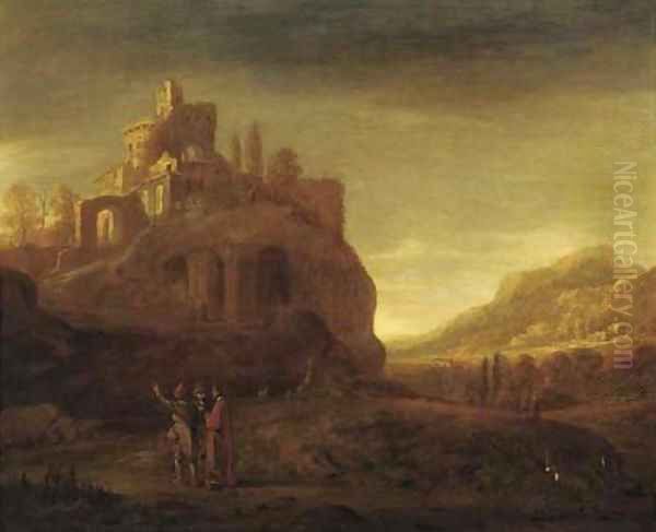 An open landscape with a hilltop fort, travellers on a path in the foreground Oil Painting by Jacob Willemsz De The Elder Wet