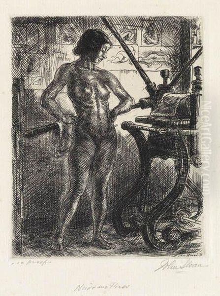 Nude And Etching Press Oil Painting by John Sloan