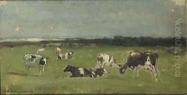 In de weide cows in a polder landscape - a study Oil Painting by Johan Hendrik Weissenbruch