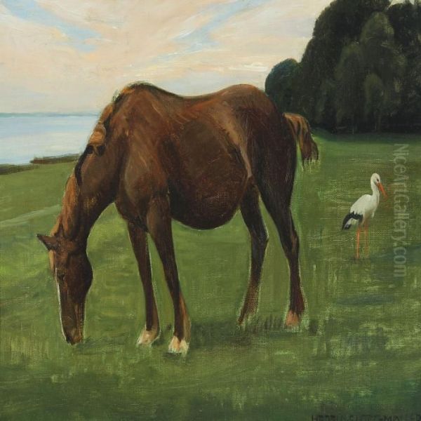 Landscape With Grazing Horse And Stork Oil Painting by Harald Slott-Moller