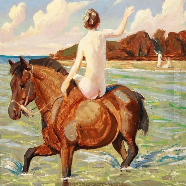 Back Turned Nude Woman On Horseback In The Shallows Oil Painting by Harald Slott-Moller