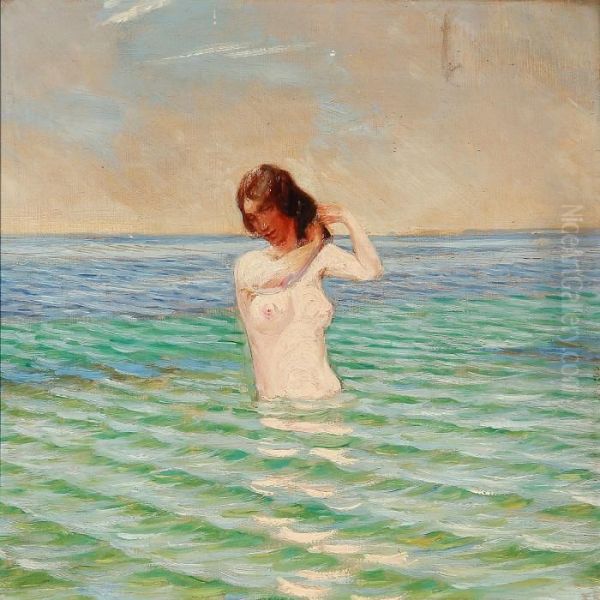 A Bathing Nude Woman Oil Painting by Harald Slott-Moller