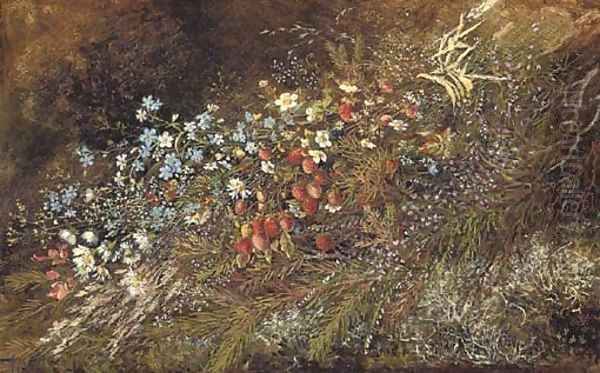 A bouquet of summer fruits and flowers on a mossy bank 2 Oil Painting by Olga Wisinger-Florian