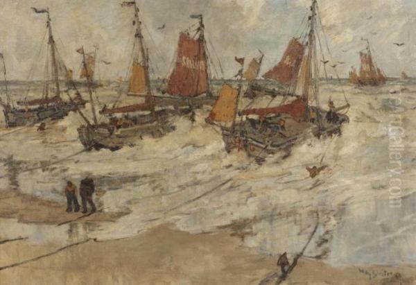 Bomschuiten In The Surf, Scheveningen Oil Painting by Willy Sluyters