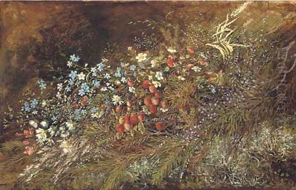 A bouquet of summer fruits and flowers on a mossy bank Oil Painting by Olga Wisinger-Florian