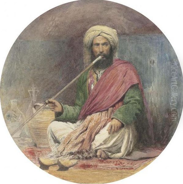 An Arab Smoking A Shilbouck Oil Painting by Frederick Smallfield, A.R.W.S.