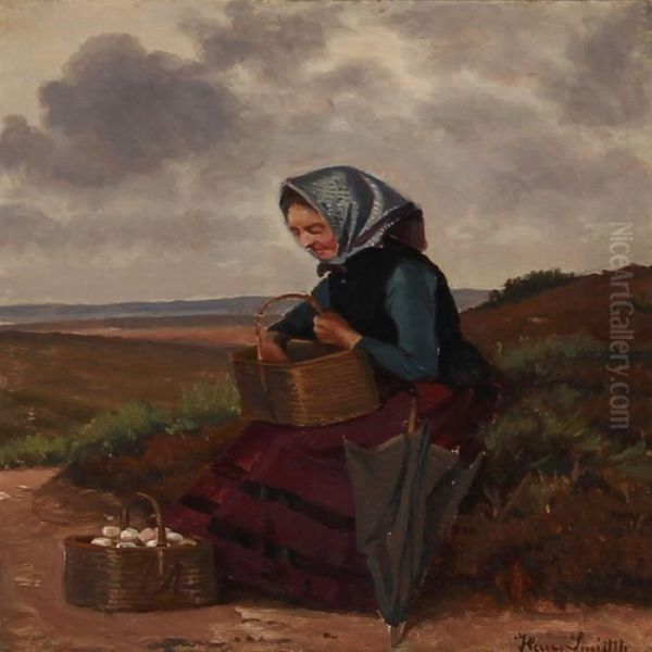 A Woman With Eggs In Her Basket Oil Painting by Hans Ludvig Smidth