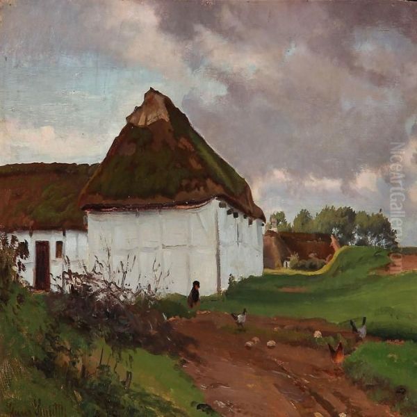 A Dog And Three Hens At A Farmhouse Oil Painting by Hans Ludvig Smidth