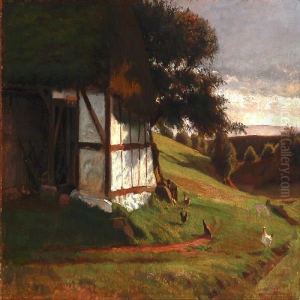 Chickens Behind A Farmhouse At Rye Sonderskov Near Salten Langso, Denmark Oil Painting by Hans Ludvig Smidth