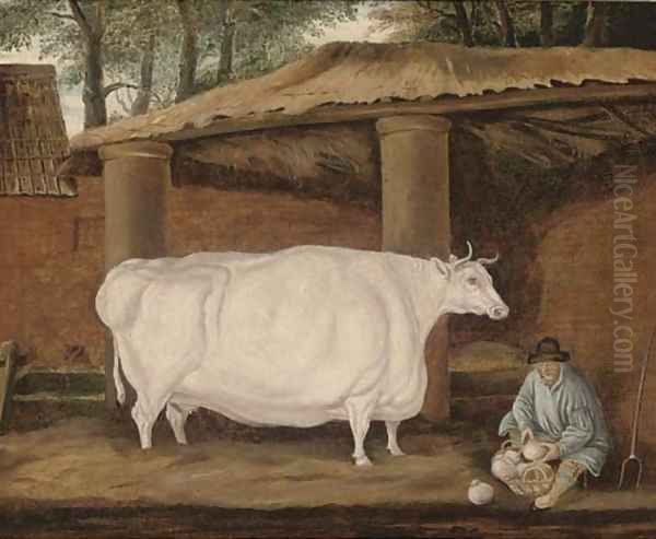 A cow and a farmer by a barn Oil Painting by Thomas Weaver