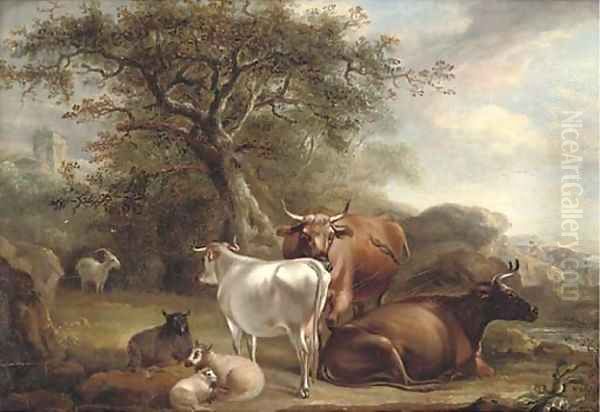 Cattle and sheep in a landcape Oil Painting by Thomas Weaver