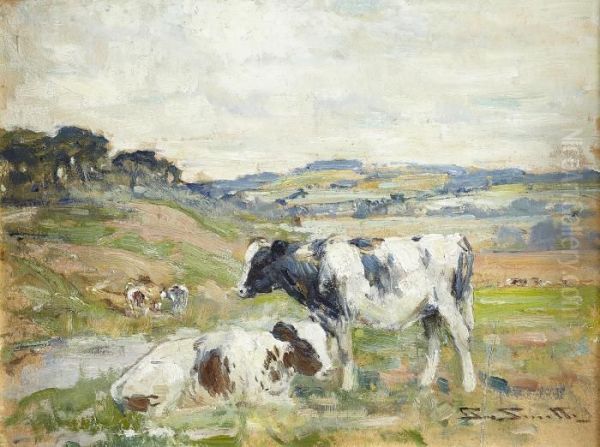 Calves In A Landscape Oil Painting by George Smith