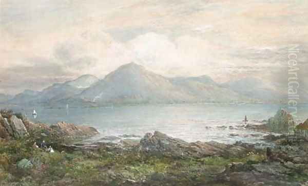 Sailing on the lake, in a mountainous landscape Oil Painting by Charles Nicholls Woolnoth