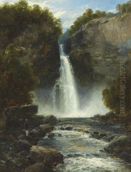 An Angler Before A Waterfall Oil Painting by John Brandon Smith