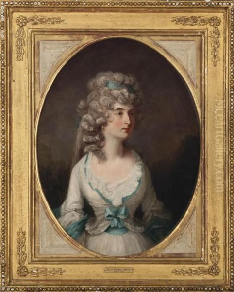 Portrait Of A Lady, Half-length, In A White Dress With Blue Trim, In A Painted Oval Oil Painting by John Raphael Smith