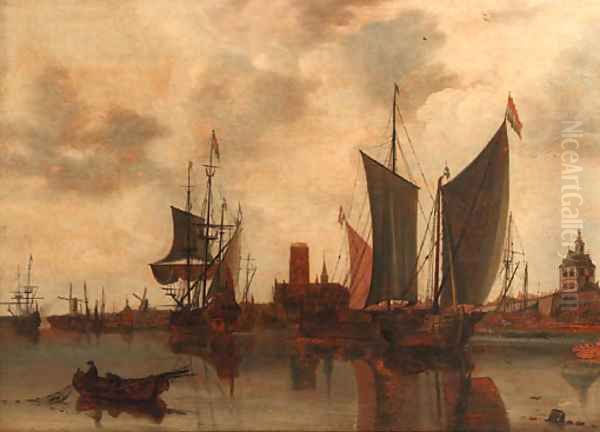 A view of Rotterdam with moored sailing vessels in the harbour, the Laurenskerk, Oude Hoofdpoort and Kruithuis beyond Oil Painting by Claesz Jansz Van Der Willigen