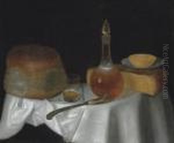 Cheese, Bread, A Glass Of Beer And A Decanter Of Wine Oil Painting by George, of Chichester Smith