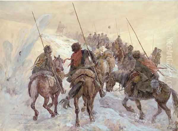 The Russian Front, a Cossack convoy under fire Oil Painting by Henry Charles Seppings Wright