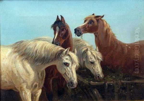 Four Horses By A Trough Oil Painting by Thomas Smythe