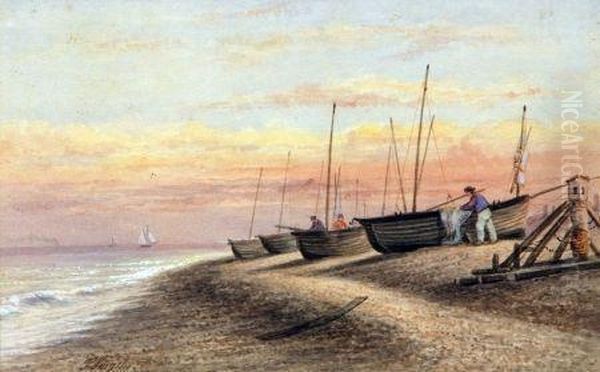 Beach Scene With Fishing Boats And Figures Oil Painting by Thomas Smythe