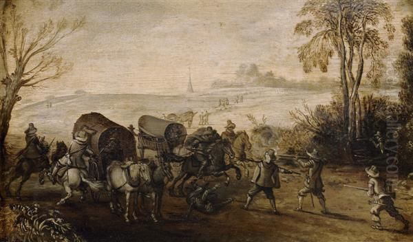 L'attaque De La Diligence, Grisaille Oil Painting by Pieter Snayers